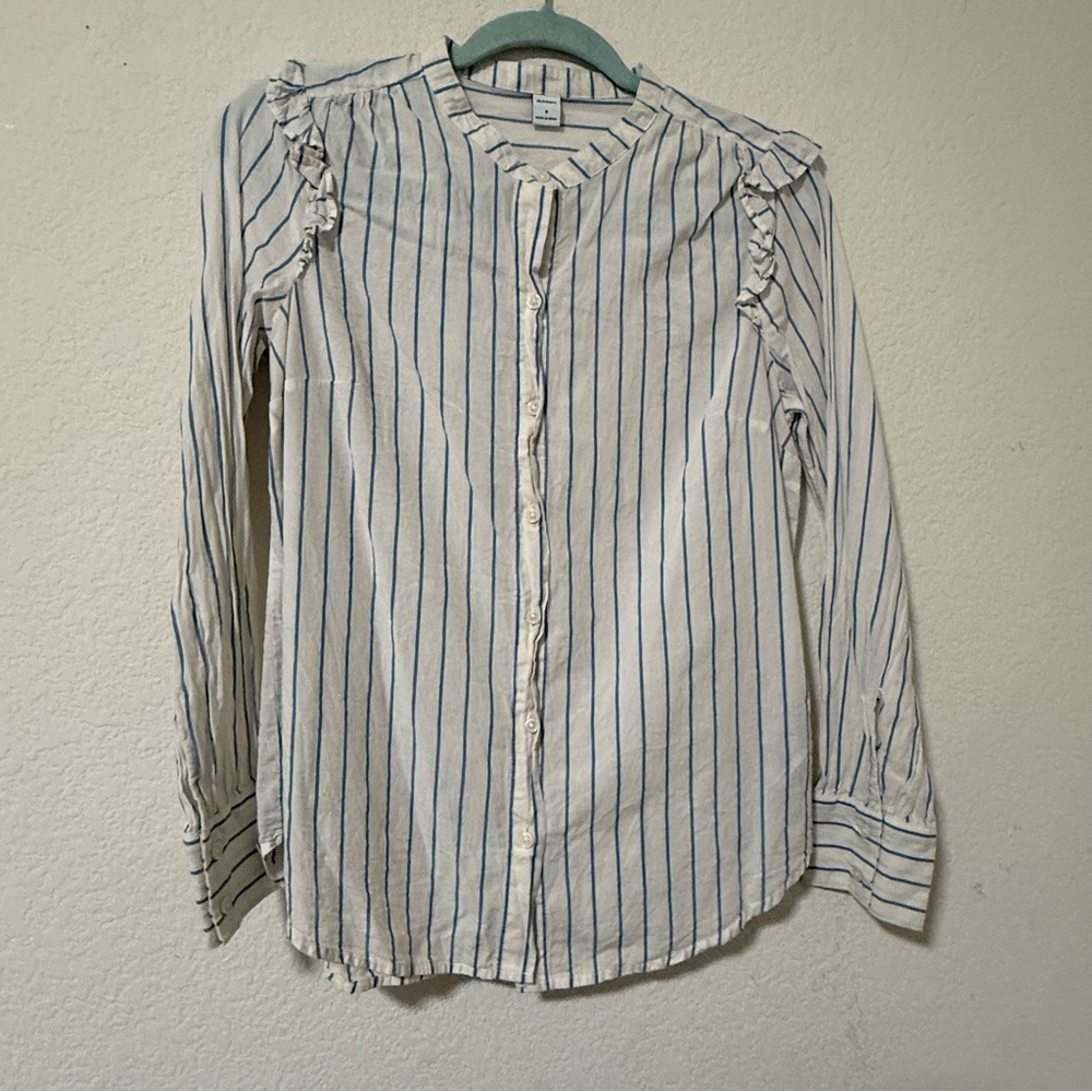 Old Navy Blue and White Striped Ruffle Blouse